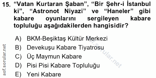 15. soru: "Vatan Kurtaran Şaban", "Bir Şehr-i İstanbul ki", "Astronot Niyazi" ve "Haneler" gibi kabare oyunlarını sergileyen ka…