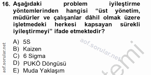 16. soru: Aşağıdaki problem ıyıleştirme yöntemlerinden hangisi "üst yönetim, müdürler ve çalışanlar dâhil olmak üzere işletmede…