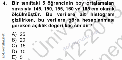 4. soru: Bir sınıftaki 5 öğrencinin boy ortalamaları sırasıyla 145, 150, 155, 160 ve 165 cm olarak ölçülmüştür. verilere ait h…