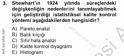 3. soru: Shewhart' ın 1924 yılında süreçlerdeki değişkenliğin nedenlerini tanımlayabilmek için geliştirdiği istatistiksel kali…