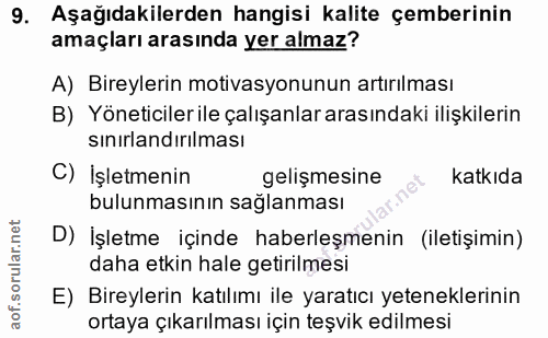 9. soru: Aşağıdakilerden hangisi kalite çemberinin amaçları arasında yer almaz? A) Bireylerin motivasyonunun artırılması B) Yö…
