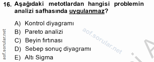 16. soru: Aşağıdaki metotlardan hangisi problemin analizi safhasında uygulanmaz? A) Kontrol diyagramı B) Pareto analizi C) Beyi…