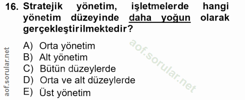 16. soru: Stratejik yönetim, işletmelerde hangi yönetim düzeyinde daha yoğun olarak gerçekleştirilmektedir? A) Orta yönetim B)…