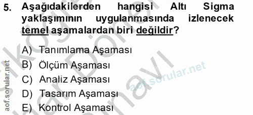 5. soru: Aşağıdakilerden hangisi Altı Sigma yaklaşımının uygulanmasinda izlenecek temel aşamalardan biri değildir? A) Tanımlam…