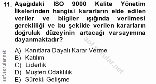 11. soru: Aşağıdaki ISO 9000 Kalite Yönetim İlkelerinden hangisi kararların elde edilen veriler ve bilgiler ışığında verilmesi…