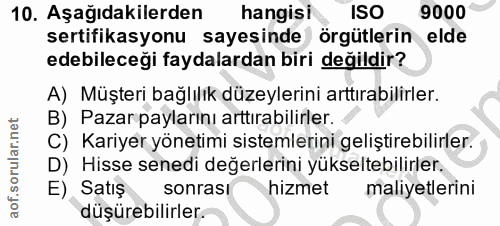 10. soru: Aşağıdakilerden hangisi ISO 9000 sertifikasyonu sayesinde örgütlerin elde edebileceği faydalardan biri değildir? A) M…