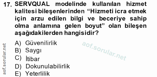 17. soru: SERVQUAL modelinde kullanılan hizmet kalitesi bileşenlerinden "Hizmeti icra etmek için arzu edilen bilgi ve beceriye…