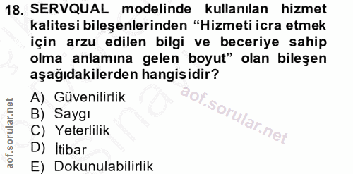 18. soru: SERVQUAL modelinde kullanılan hizmet kalitesi bileşenlerinden "Hizmeti icra etmek için arzu edilen bilgi ve beceriye…