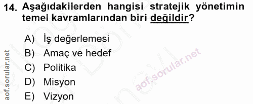14. soru: Aşağıdakilerden hangisi stratejik yönetimin temel kavramlarından biri değildir? A) Iş değerlemesi B) Amaç ve hedef C)…