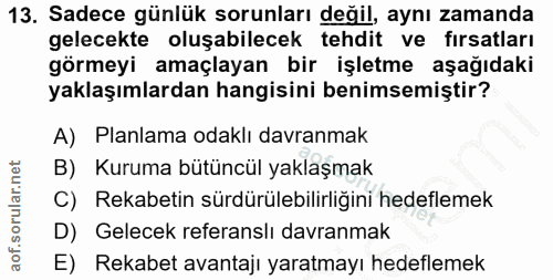 13. soru: Sadece günlük sorunları değil, aynı zamanda gelecekte oluşabilecek tehdit ve fırsatları görmeyi amaçlayan bir işletme…