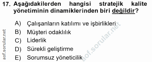 17. soru: Aşağıdakilerden hangisi stratejik kalite yönetiminin dinamiklerinden biri değildir? A) Çalışanların katılımı ve işbir…