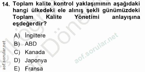 14. soru: Toplam kalite kontrol yaklaşımının aşağıdaki hangi ülkedeki ele alınış şekli günümüzdeki Toplam Kalite Yönetimi anlay…