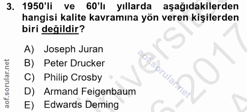 3. soru: 1950'li ve 60'lı yıllarda aşağıdakilerden hangisi kalite kavramına yön veren kişilerden biri değildir? A) Joseph Jura…