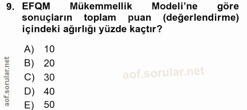 9. soru: EFQM Mükemmellik Modeli'ne göre sonuçların toplam puan (değerlendirme) içindeki ağırlığı yüzde kaçtır? A) 10 B) 20 C)…