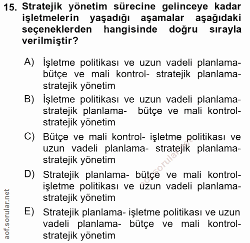 15. soru: Stratejik yönetim sürecine gelinceye kadar işletmelerin yaşadığı aşamalar aşağıdaki seçeneklerden hangisinde doğru sı…