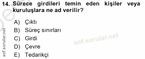 14. soru: Sürece girdileri temın eden kişiler veya kuruluşlara ne ad verilir? A) Çıktı B) Süreç sınırları C) Girdi D) Çevre E)…