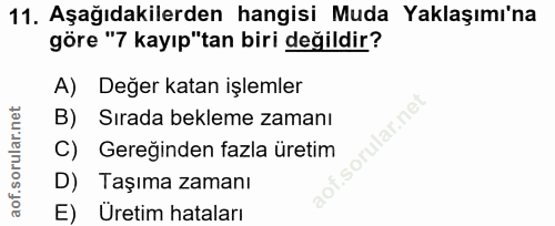 11. soru: Aşağıdakilerden hangisi Muda Yaklaşımı'na göre "7 kayıp"tan biri değildir? A) Değer katan işlemler B) Sırada bekleme…