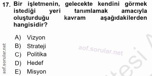 17. soru: Bir işletmenin, gelecekte kendini görmek istediği . yeri tanımlamak amacıyla oluşturduğu kavram aşağıdakilerden hangi…
