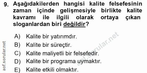 9. soru: Aşağıdakilerden hangisi kalite felsefesinin zaman içinde gelişmesiyle birlikte kalite kavramı ile ilgili olarak ortay…