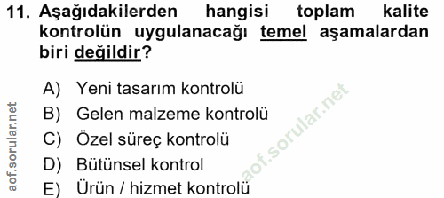 11. soru: Aşağıdakilerden | hangisi toplam kalite kontrolün uygulanacağı temel aşamalardan biri değildir? A) Yeni tasarım kontr…