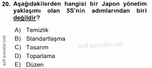 20. soru: Aşağıdakilerden hangisi bir Japon yönetim yaklaşımı olan 5S'nin adımlarından biri değildir? A) Temizlik B) Standartla…
