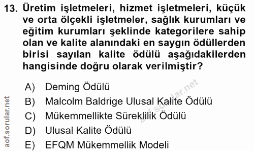 13. soru: Uretim işletmeleri, hizmet işletmeleri, küçük ve orta ölçekli işletmeler, sağlık kurumları ve eğitim kurumları şeklin…