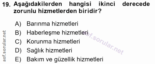 19. soru: Aşağıdakilerden hangisi ikinci derecede zorunlu hizmetlerden biridir? A) Barınma hizmetleri B) Haberleşme hizmetleri…