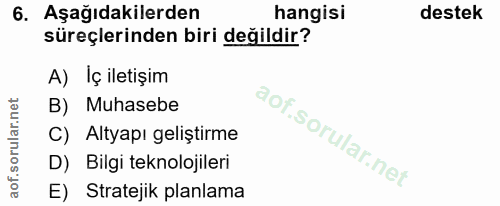 6. soru: Aşağıdakilerden hangisi destek süreçlerinden biri değildir? A) Iç iletişim B) Muhasebe C) Altyapı geliştirme D) Bilgi…