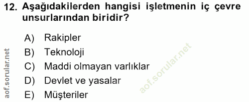 12. soru: Aşağıdakilerden hangisi işletmenin iç çevre unsurlarından biridir? A) Rakipler B) Teknoloji f. C) Maddi olmayan varlı…