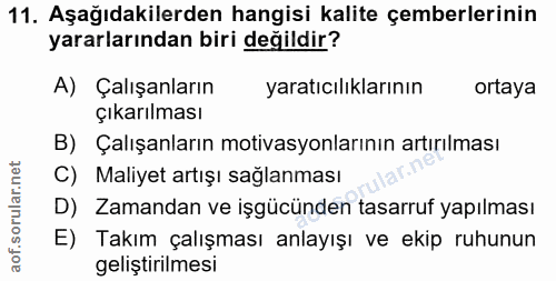 11. soru: Aşağıdakilerden hangisi kalite çemberlerinin yararlarından biri değildir? A) Çalışanların yaratıcılıklarının ortaya ç…