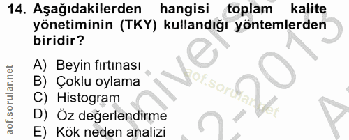 14. soru: Aşağıdakilerden hangisi toplam kalite yönetiminin (TKY) kullandığı yöntemlerden biridir? A) Beyin fırtınası B) Çoklu…