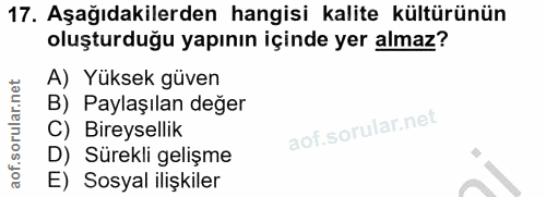 17. soru: Aşağıdakilerden hangisi kalite kültürünün oluşturduğu yapının içinde yer almaz? A) Yüksek güven B) Paylaşılan değer C…