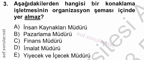 3. soru: Aşağıdakilerden hangisi bir konaklama işletmesinin organizasyon şeması içinde yer almaz? A) İnsan Kaynakları Müdürü D…