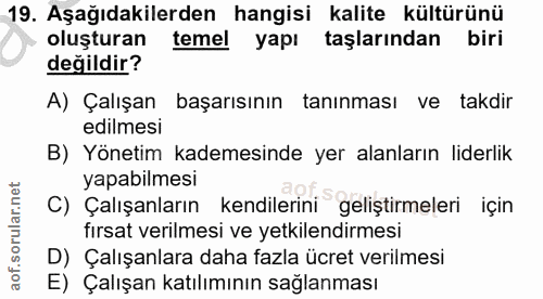 19. soru: Aşağıdakilerden hangisi kalite kültürünü oluşturan temel yapı taşlarından biri değildir? A) Çalışan başarısının tanın…