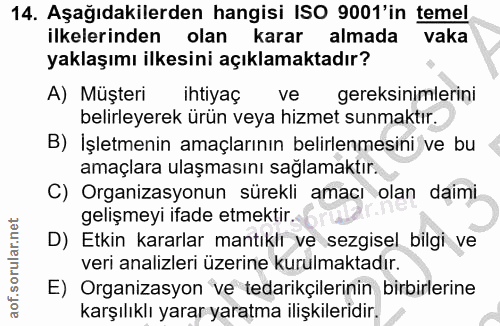 14. soru: Aşağıdakilerden hangisi ISO 9001'in temel ilkelerinden olan karar almada vaka yaklaşımı ilkesini açıklamaktadır? A) M…