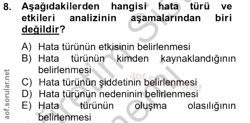8. soru: Aşağıdakilerden hangisi hata türü ve etkileri analizinin aşamalarından biri değildir? A) Hata türünün etkisinin belir…