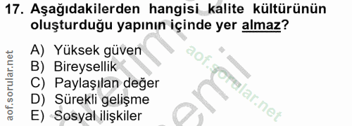 17. soru: Aşağıdakilerden hangisi kalite kültürünün oluşturduğu yapının içinde yer almaz? A) Yüksek güven B) Bireysellik C) Pay…