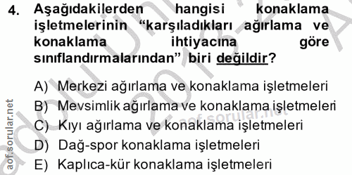 4. soru: Aşağıdakilerden hangisi konaklama işletmelerinin "karşıladıkları /ağırlama ve konaklama ihtiyacına göre sınıflandırma…