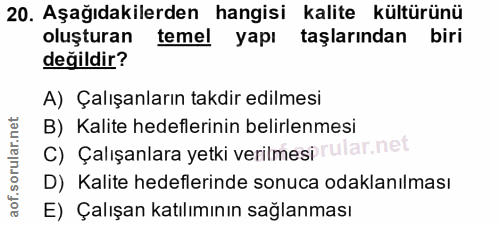 20. soru: Aşağıdakilerden hangisi kalite kültürünü oluşturan temel yapı taşlarından biri değildir? A) Çalışanların takdir edilm…