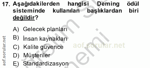 17. soru: Aşağıdakilerden hangisi Deming ödül sisteminde kullanılan başlıklardan biri değildir? A) Gelecek planlari B) İnsan ka…