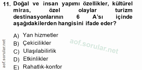 11. soru: Doğal ve insan yapımı özellikler, kültürel miras, özel olaylar turizm destinasyonlarının A'sı içinde aşağıdakilerden…