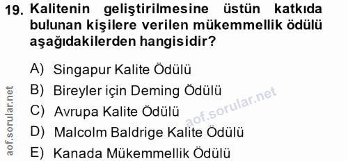 19. soru: Kalitenin geliştirilmesine üstün katkıda bulunan kişilere verilen mükemmellik ödülü aşağıdakilerden hangisidir? A) Si…