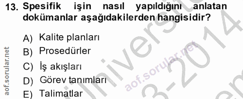 13. soru: Spesifik işin nasil yapıldığını anlatan dokümanlar aşağıdakilerden hangisidir? A) Kalite planları B) Prosedürler ve C…