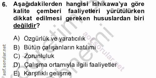 6. soru: Aşağıdakilerden hangisi Ishikawa'ya göre kalite çemberi faaliyetleri yürütülürken dikkat edilmesi gereken hususlardan…