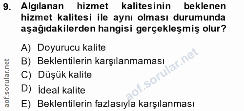 9. soru: Algilanan hizmet kalitesinin beklenen hizmet kalitesi ile aynı olması durumunda aşağıdakilerden hangisi gerçekleşmiş…