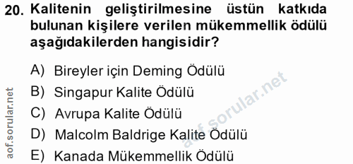 20. soru: Kalitenin geliştirilmesine üstün katkıda bulunan kişilere verilen mükemmellik ödülü aşağıdakilerden hangisidir? A) Bi…