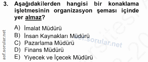 3. soru: Aşağıdakilerden hangisi bir konaklama işletmesinin organizasyon şeması içinde yer almaz? A) Imalat Müdürü B) Insan Ka…