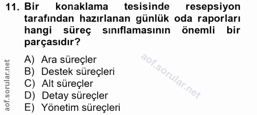 11. soru: Bir konaklama tesisinde resepsiyon tarafından hazırlanan günlük oda raporları hangi süreç sınıflamasının önemli bir p…