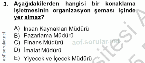 3. soru: Aşağıdakilerden hangisi bir konaklama işletmesinin organizasyon şeması içinde yer almaz? A) İnsan Kaynakları Müdürü B…