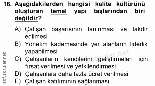 16. soru: Aşağıdakilerden hangisi kalite kültürünü oluşturan temel yapı taşlarından biri değildir? A) Çalışan başarısının tanın…